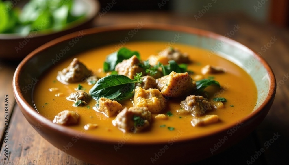  Hearty Beef Soup with Herbs and Croutons in Terracotta Bowl