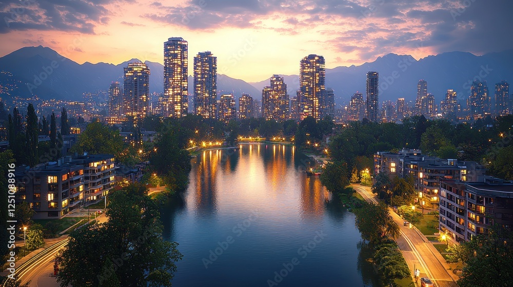 Obraz premium Serene city skyline at dusk with illuminated buildings and calm river reflections