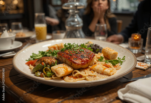 Delicate Seared White Fish with Creamy Pasta and  Vegetables