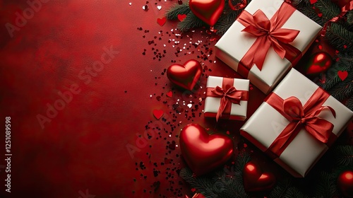 White gift boxes with red ribbon bows, heart shaped balloons, and shiny confetti are displayed as Valentine's Day decorations on a red background with blank space in this top view photo.