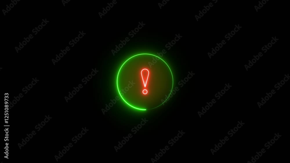 Exclamation mark enclosed by a circle. neon animation on black screen. Exclamation mark enclosed by a circle. neon animation on black screen.