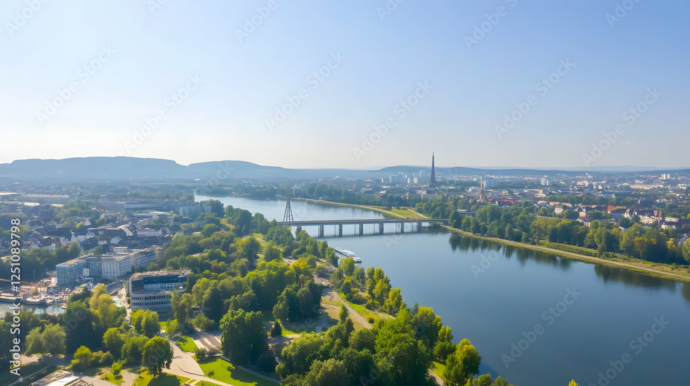 Scenic cityscape view of a bridge crossing a river with trees & urban landscape background. Perfect for travel or environmental imagery Scenic cityscape view of a bridge crossing a river with trees & urban landscape background. Perfect for travel or environmental imagery
