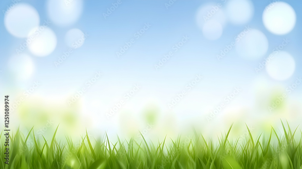 Scenic spring background with lush green grass under a soft blue sky with bokeh effects. Use for website banners, nature themes Scenic spring background with lush green grass under a soft blue sky with bokeh effects. Use for website banners, nature themes