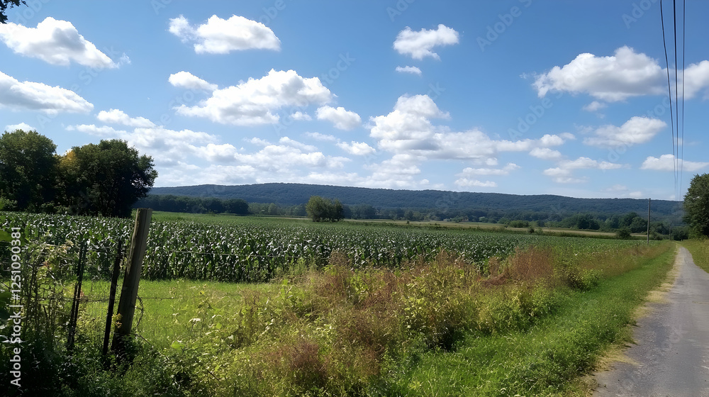 Serene countryside landscape with corn fields under a cloudy blue sky for natural, agricultural and seasonal usage Serene countryside landscape with corn fields under a cloudy blue sky for natural, agricultural and seasonal usage