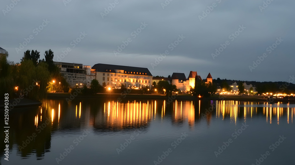 Obraz premium Serene cityscape reflected in calm river at night, lights illuminate buildings, trees, waterfront walkway. Stock photography