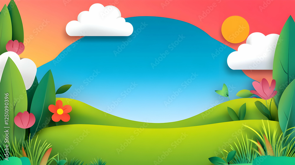 Serene floral paper landscape with rolling hills and soft light, ideal for backgrounds, websites, and greeting cards Serene floral paper landscape with rolling hills and soft light, ideal for backgrounds, websites, and greeting cards