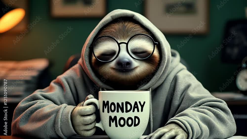 Cozy sloth in hoodie with glasses sips coffee for monday mood in comfortable office setting