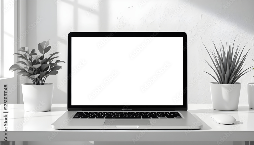 Minimalist Workspace with Laptop and Potted Plants - Blank Screen Display Minimalist Workspace with Laptop and Potted Plants - Blank Screen Display