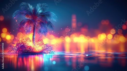 Neon Palm, A Vibrant Island Dreamscape with Cityscape Background
