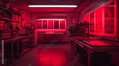 A glowing red darkroom filled with hanging negatives, trays of developing solution, and a vintage enlarger