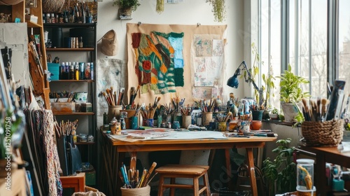 A studio filled with art supplies and plants.