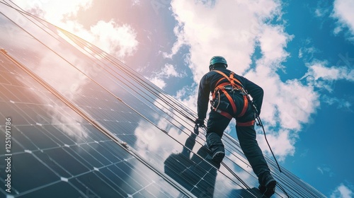 A man in an orange safety harness is climbing a solar panel. Generative AI