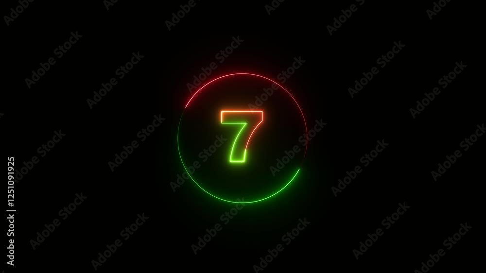 10 second countdown timer animation with neon number text glowing from 10 to 0 with interesting circle animation. Top ten countdown animation text , neon light numbers from 10 to 0