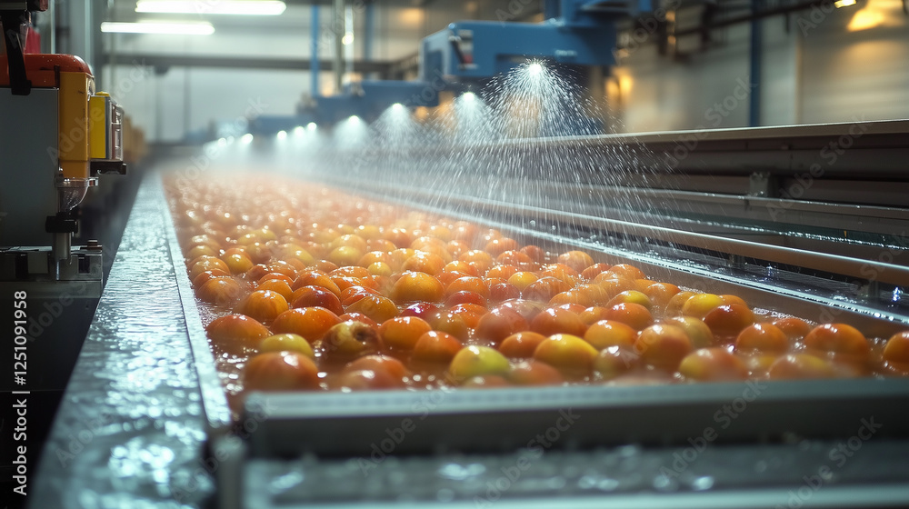 Fototapeta premium A modern industrial setup showcasing a conveyor belt with oranges being washed, highlighting the process of fruit processing in a factory
