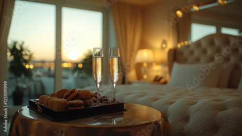 Elegant hotel room at sunset with champagne and dessert tray on table