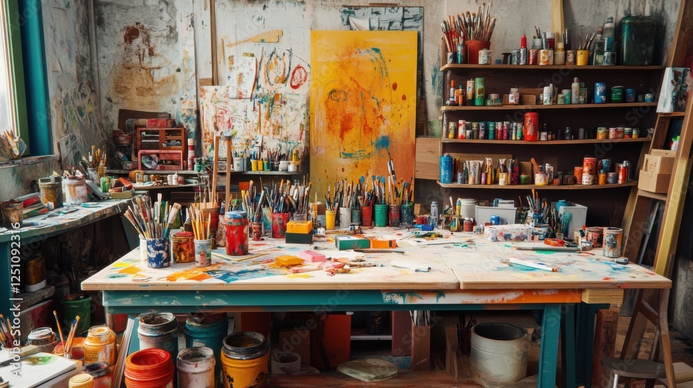 A messy art studio with a large canvas and various art supplies.