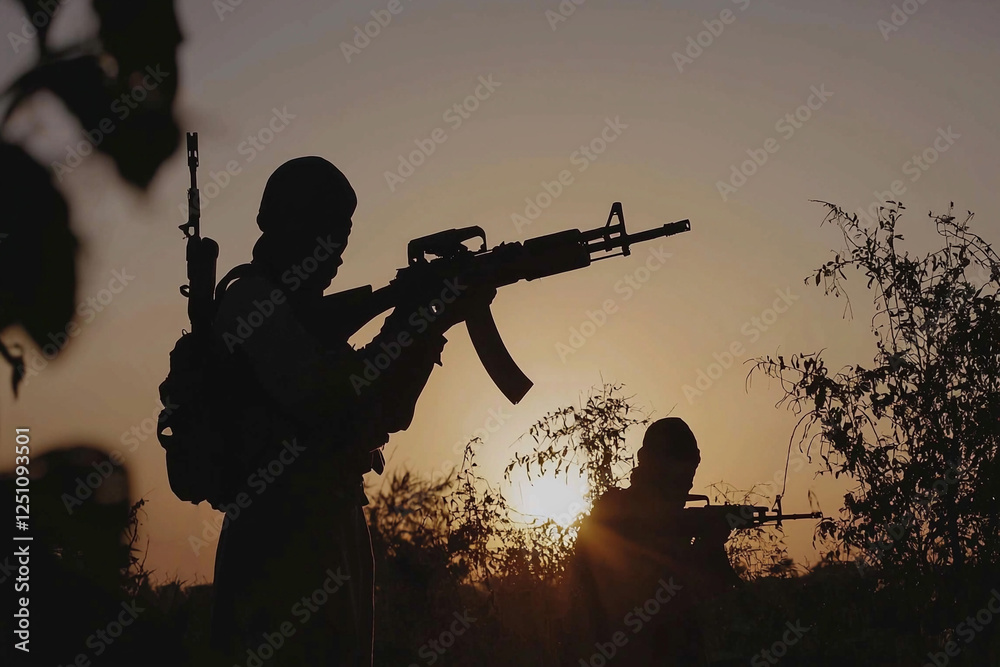 Obraz premium Terrorists in armed conflict at sunset