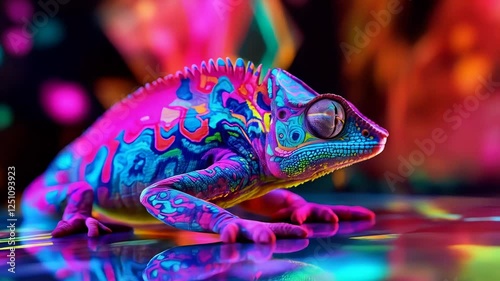 Vibrant chameleon crawling through neon jungle with hypnotic colors and patterns