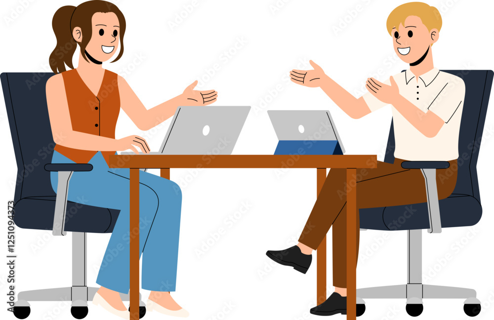 gen-z office worker discuss at desk while using tablet and laptop illustration gen-z office worker discuss at desk while using tablet and laptop illustration