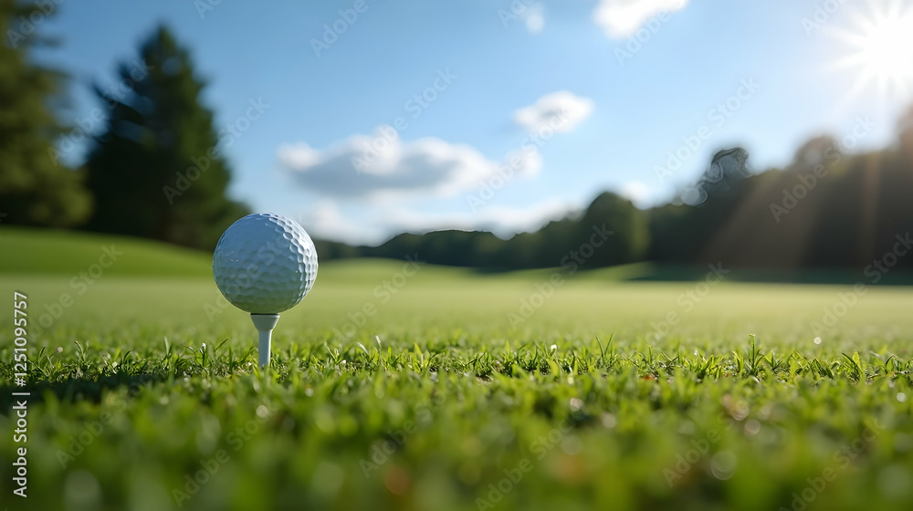A picturesque golf scene with a perfect tee shot ready to soar under the bright blue sky and sun. A picturesque golf scene with a perfect tee shot ready to soar under the bright blue sky and sun.