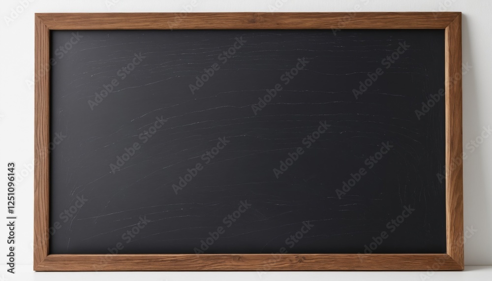 A simple wooden-framed blackboard with a smooth, dark surface, set against a clean white wall. A simple wooden-framed blackboard with a smooth, dark surface, set against a clean white wall.