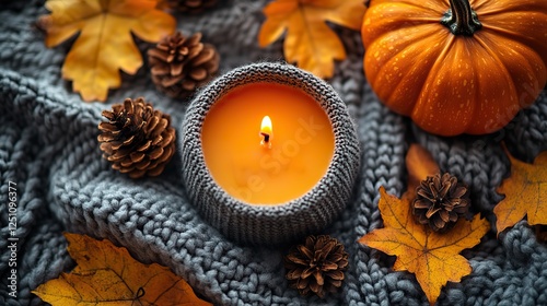 Fall into the comforts of home with this top view photo. A cozy patchy blanket, pumpkin candles, pinecones, odorous Chinese anise, and maple leaves offer the perfect grey backdrop for text or advert.