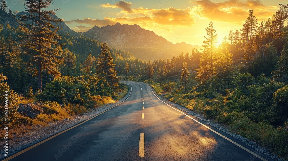 Fototapeta premium Winding Road Through Majestic Mountain Landscape at Sunset