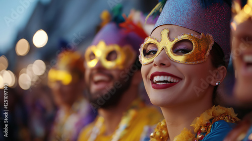 A vibrant Mardi Gras parade in New Orleans with colorful performers wearing sparkling masks photo