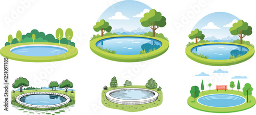 set of pond landscape illustration
