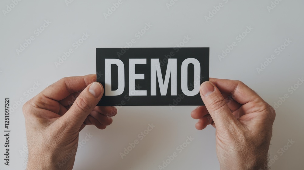 Product Demo Presentation: A Simple Black Card with White DEMO Text Held by Hands, Clean Background Product Demo Presentation: A Simple Black Card with White DEMO Text Held by Hands, Clean Background