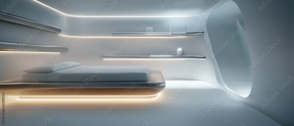 Modern and minimalist bedroom with a minimalist design. the room has a white wall with a curved shape on the right side, creating a wave-like effect. Modern and minimalist bedroom with a minimalist design. the room has a white wall with a curved shape on the right side, creating a wave-like effect.
