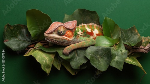 A colorful chameleon relaxes on lush green leaves, emphasizing the extraordinary abilities of this reptile to blend into its surroundings while showcasing nature's beautiful artistry and vibrant hues