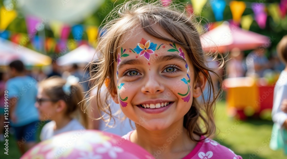 Smiling girl with face paint at a colorful outdoor festival Smiling girl with face paint at a colorful outdoor festival