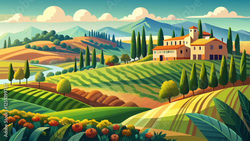 Beautiful and miraculous colors of spring panorama landscape of Tuscany, Italy. Tuscany landscape with grain fields, cypress trees and houses on the hills at 