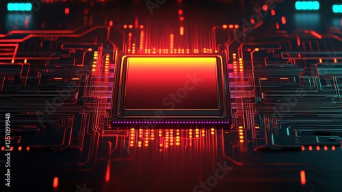 A vibrant microprocessor chip surrounded by intricate circuitry, illuminated in shades of red and blue, showcasing advanced technology.