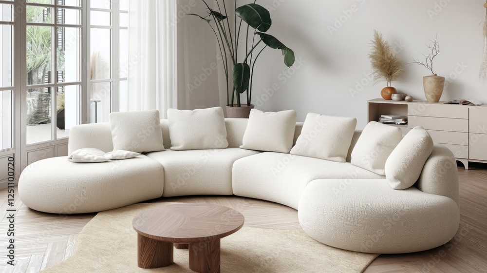 Fototapeta premium Puffy curved sofa in spacious room.