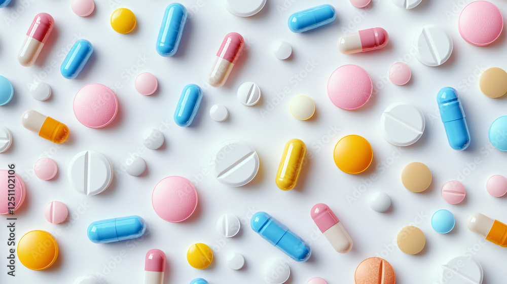 A clean and minimalistic arrangement of various pills and tablets in bright colors, including blue, pink, yellow, orange, and white, scattered naturally on a pure white background. Different shapes an A clean and minimalistic arrangement of various pills and tablets in bright colors, including blue, pink, yellow, orange, and white, scattered naturally on a pure white background. Different shapes an