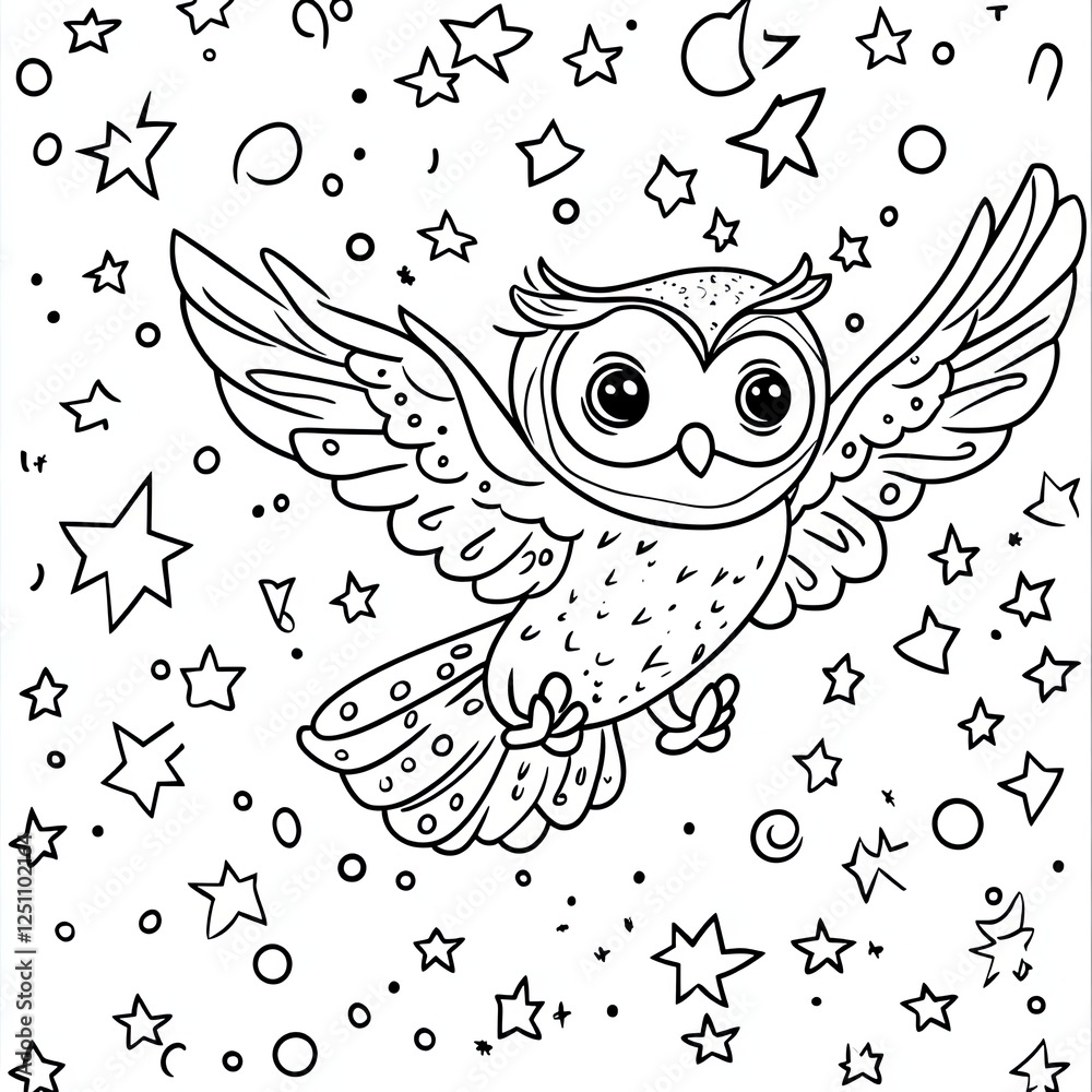 Obraz premium Owl in Night Sky Magical Coloring Book Page Illustration