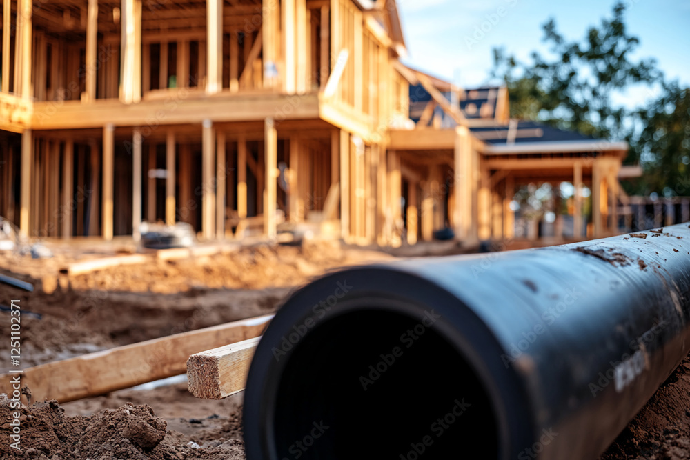 Construction site with a black pipe laying in the foreground and a wooden house frame being built in the background, symbolizing construction progress and development. Construction site with a black pipe laying in the foreground and a wooden house frame being built in the background, symbolizing construction progress and development.