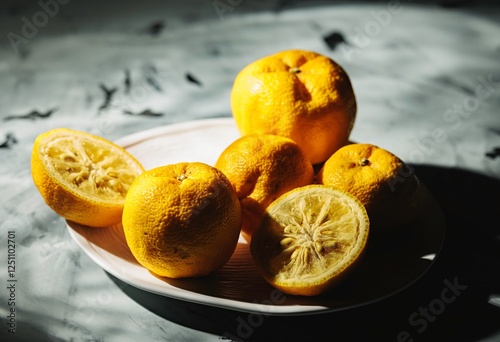 Bright yuzu lemons sit elegantly on a white plate, basking in natural light. Their vivid yellow skin and distinctive shapes draw attention to the lively essence of citrus fruits photo