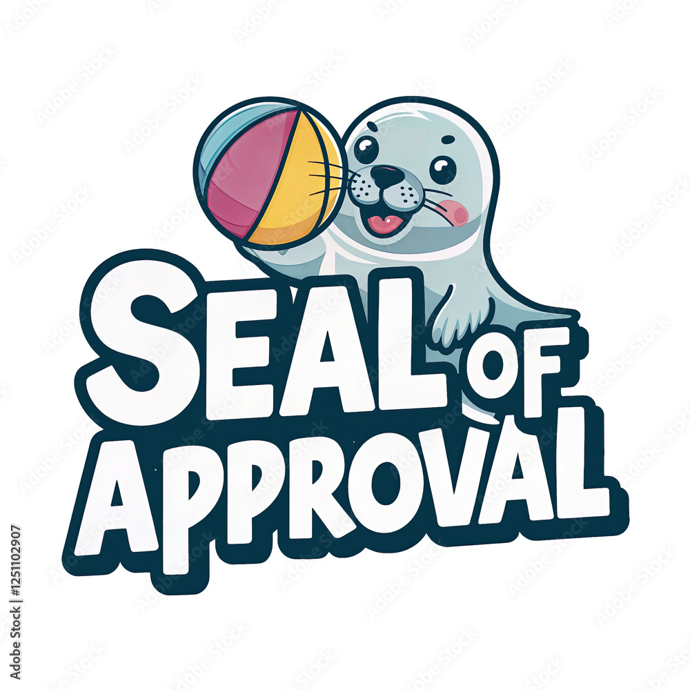 a cartoon seal holding a beach ball with the text SEAL OF APPROVAL prominently displayed in large, bold letters underneath the seal. Transparent background
