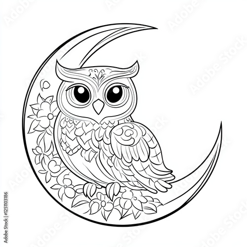 Owl with Crescent Moon Simple Coloring Book Page Design photo