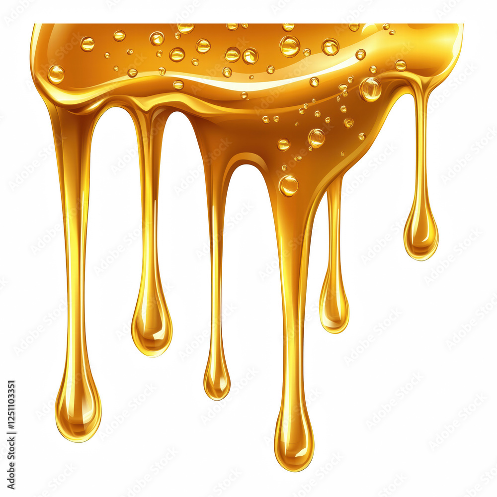 Dripping golden honey with glossy texture, sweet natural syrup with realistic droplets, food ingredient illustration isolated on transparent background. Generative Ai. Dripping golden honey with glossy texture, sweet natural syrup with realistic droplets, food ingredient illustration isolated on transparent background. Generative Ai.