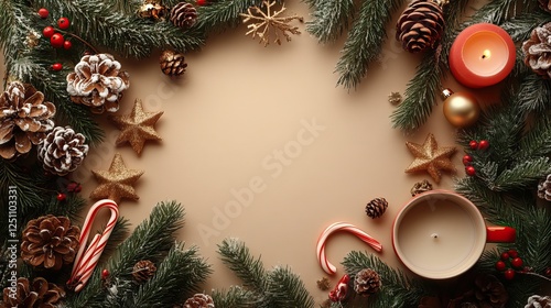 Hilarious kids' New Year party table setup A top view shot of Santa-themed tableware, a holder, a candy cane in a cup, a star candle, mistletoe, and more on a pastel beige background with text space.