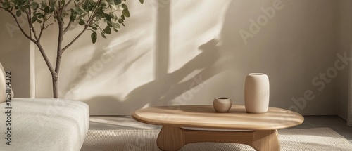 Modern living room with a wooden coffee table in the center. on the table, there are two white vases and a small vase. the table is made of light-colored wood and has a round shape.
