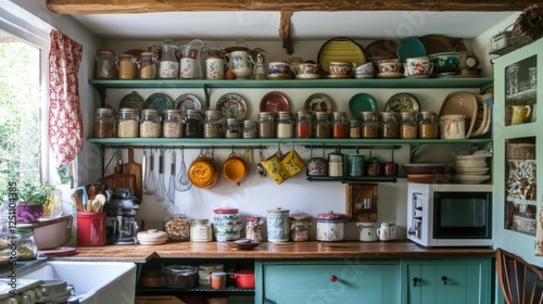Wallpaper Mural A cozy kitchen with a wooden countertop, shelves, and a window, filled with various kitchen items. Torontodigital.ca