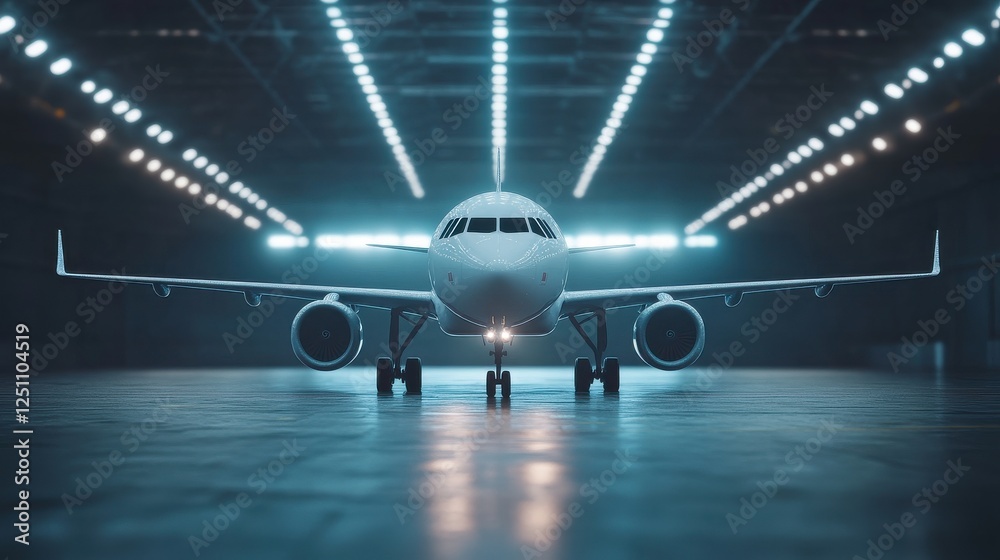 Fototapeta premium A sleek airplane is showcased in a well-lit hangar, highlighting its modern design and engineering amid an industrial backdrop.