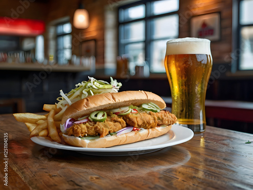 Viet-Cajun Fried Catfish with Beer: A tantalizingly crispy fried chicken sandwich with fresh toppings and a side of golden fries, perfectly paired with a frosty glass of beer in a lively bar setting.