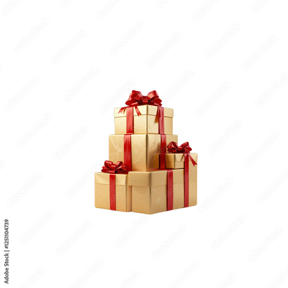 Gold Gift Boxes with Red Ribbon Bows on Transparent Background. Gold Gift Boxes with Red Ribbon Bows on Transparent Background.