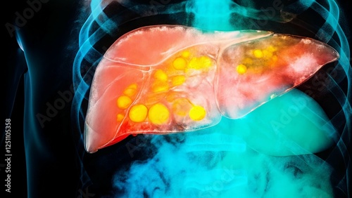 Anatomical illustration of a liver with fatty deposits for medical education.